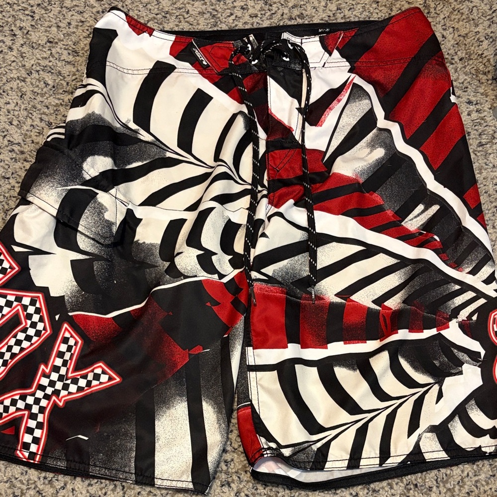 Men's Red, Black & White Graphic Board Shorts